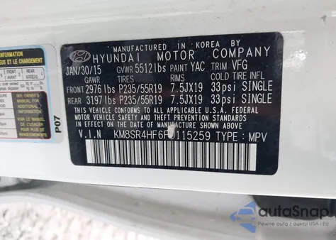 2015 Hyundai Santa Fe Limited from USA, damaged, VIN KM8SR4HF6FU115259
